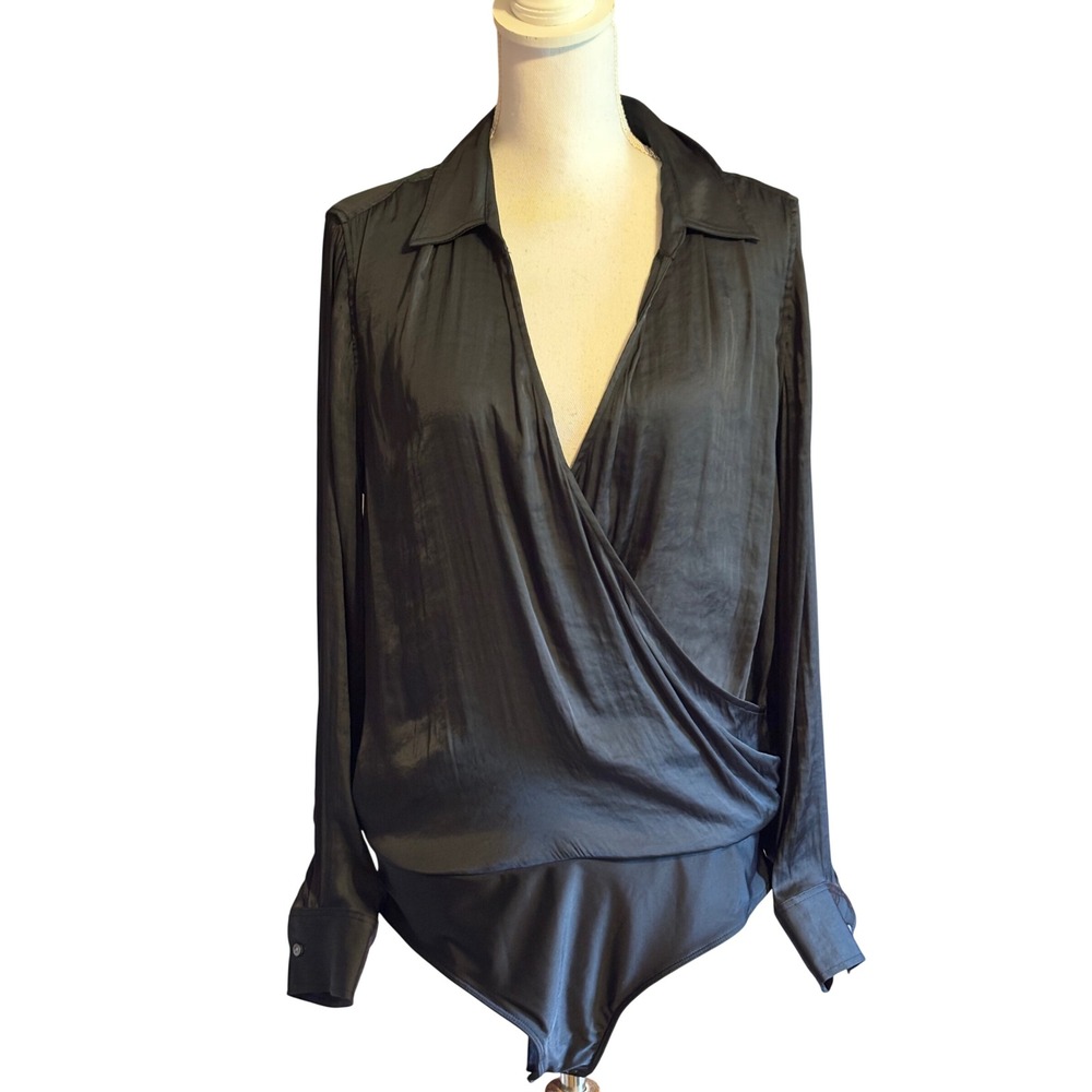 GAP Black Satin Wrap Bodysuit Collared Large NWT 90s MInimalist Quiet Luxury
